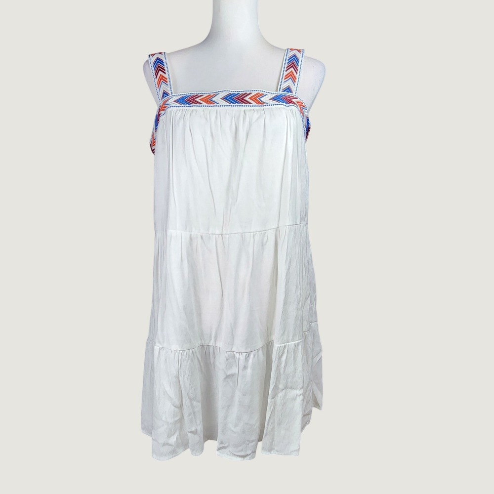 Blue Rain Mini Dress Womens Large White Tiered Embroidered Aztec Boho Festival